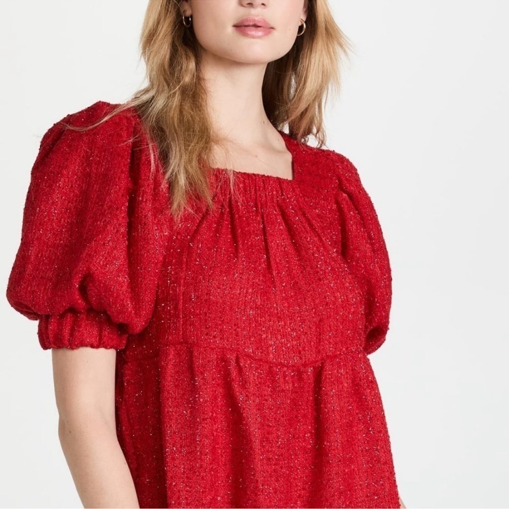 NWT Sister Jane Carina Red Tweed Mini Dress Size Medium Puff Sleeve Tiered - Picture 5 of 9